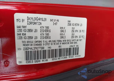 2007 Dodge Grand Caravan Sxt from USA, damaged, VIN 2D8GP44L37R277300